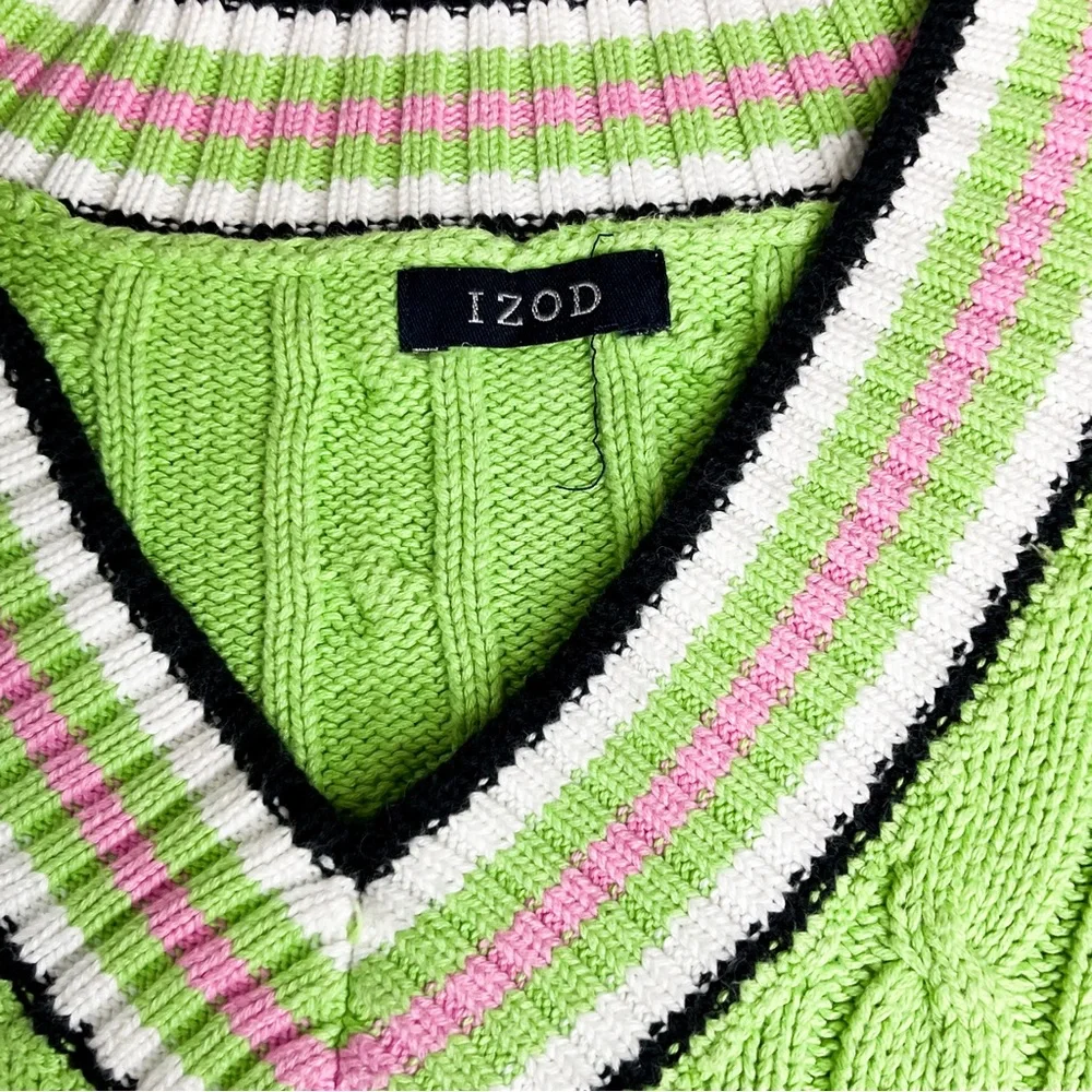 VINTAGE Preppy Lime Green Cable-Knit V-Neck Sweater with Striped Trim - Picture 4 of 11